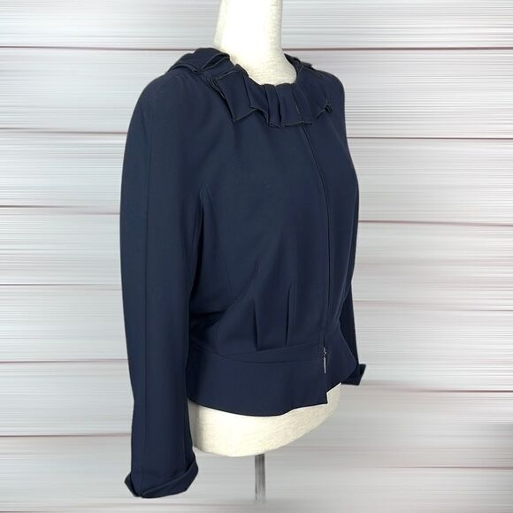 Giorgio Armani Dark Blue Ruffled Collar Full Zip Front Crop Jacket sz 46 US 8-10 - Picture 1 of 15